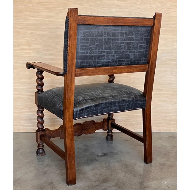 19th Spanish Carved Walnut Armchair with New Black Leather and Solomonic Columns For Sale - Image 14 of 18