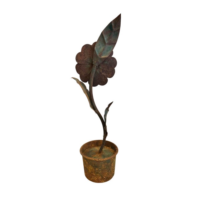 Vintage Antiqued Tole Potted White Flower Sculpture / Toleware Floral / Flower Arrangement For Sale - Image 4 of 6