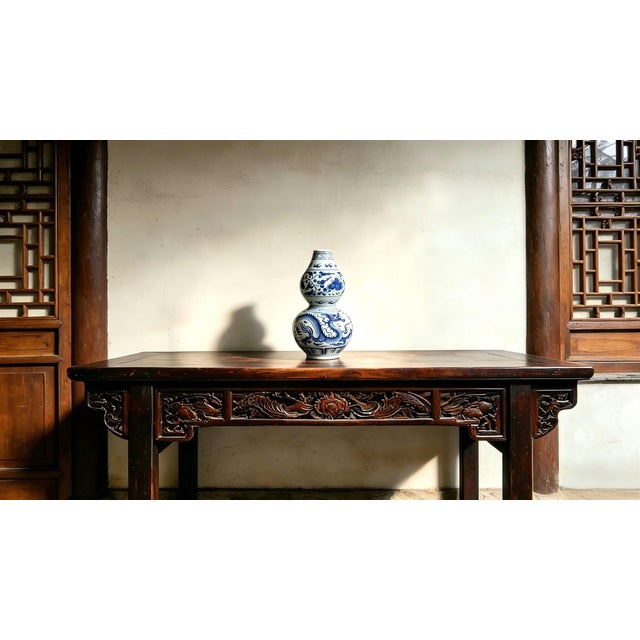 Art Deco Chinese Ceramic Vase,Blue and White Porcelain Gourd Vase Hand Painted Flowers and Dragon Pattern For Sale - Image 3 of 12