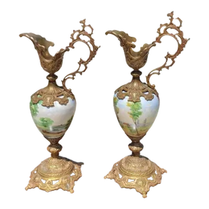 Hand Painted Porcelain and Brass Mounted Ewers Urns, a Pair