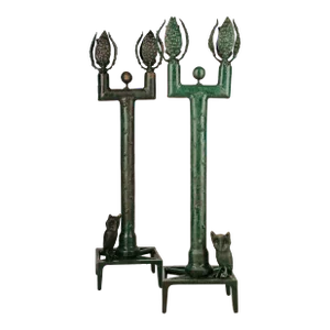 Late 20th Century Expressionist Giacometti-Like Pair of French Bronze Candle Holders