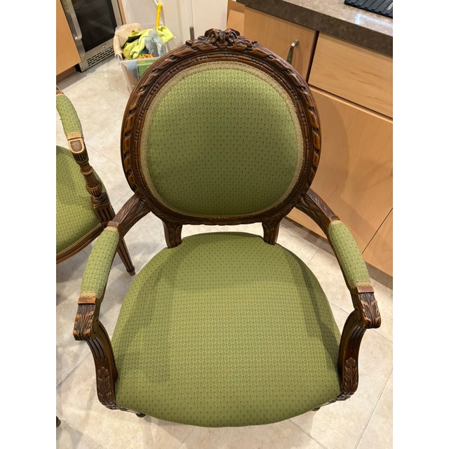 Traditional Mid 20th Century Three Carved Frame Upholstered Dining Arm Chairs For Sale - Image 3 of 18