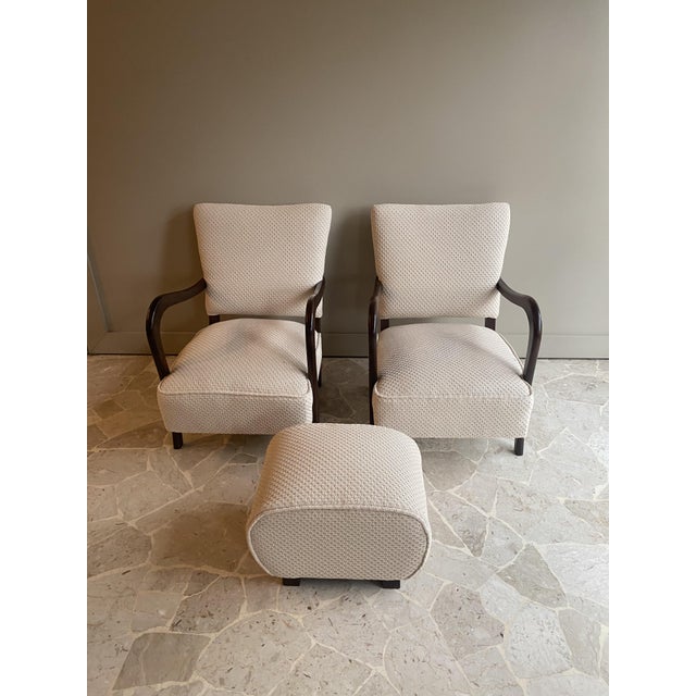 Armchairs and Footstool in Walnut and Fabric, Italy, 1950s, Set of 3, in Restored conditions. Designed 1950 to 1959