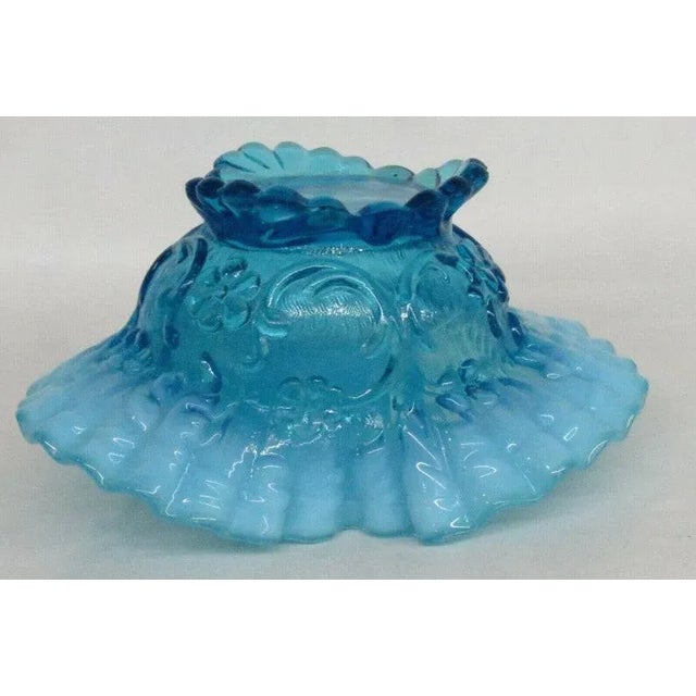 Mid-Century Modern Blue Opalescent Glass Flowers Ruffled Crimped Rim Bowl Vase For Sale - Image 3 of 11
