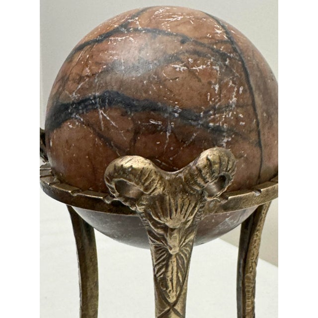Classical Greek Marble Orb Sphere on Brass Ram’s Head Stand For Sale In Houston - Image 6 of 12