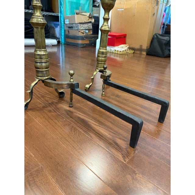 19th Century Antique American Brass and Cast Iron Fireplace Andirons W. Ball and Claw Feet For Sale - Image 12 of 12