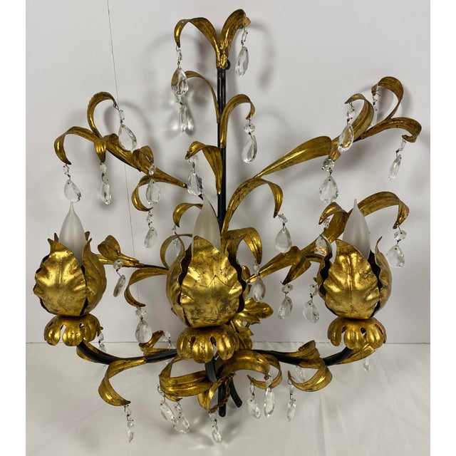 Metal Large Pair French Gold & Rock Crystal Flower Sconces For Sale - Image 7 of 14