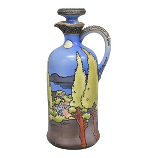 Antique Nippon Hand Painted Blue Halloween Pattern Porcelain Wine Jug W/ Cork For Sale