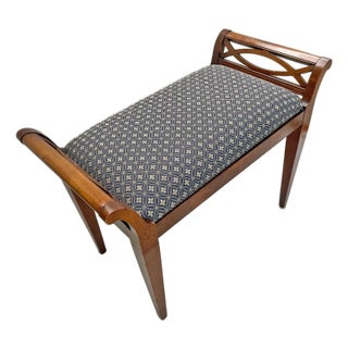 Mid 20th Century Vintage Edwardian-Style Upholstered Bench Wood Frame Blue Fabric Window Seat For Sale