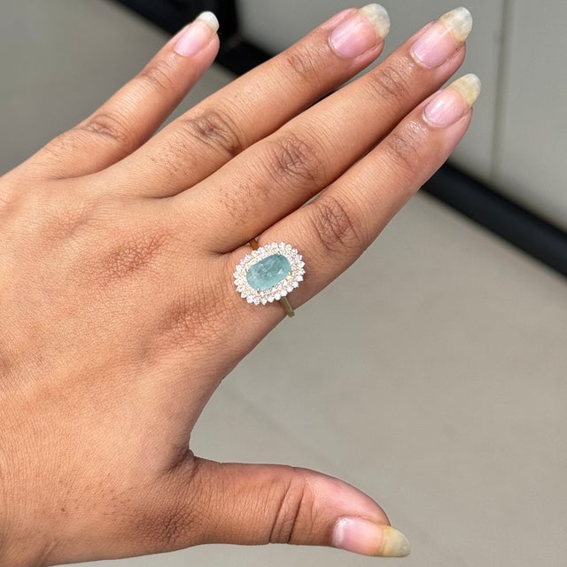 2.14Carats Natural Paraiba Tourmaline Cushion Cut Diamond Halo 14k Gold Ring Size 5 For Sale - Image 9 of 18
