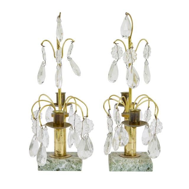 Ornate pair of mid century brass and cut glass decorative candlesticks circa 1950 machined brass stem, with hanging cut...