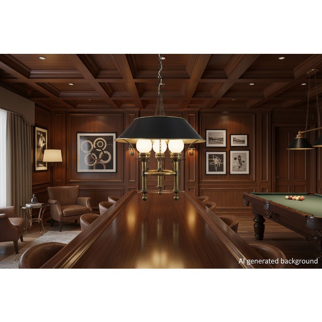 This vintage Chapman brass billiard / bouillotte chandelier is an elegant example of French Empire-inspired lighting,...