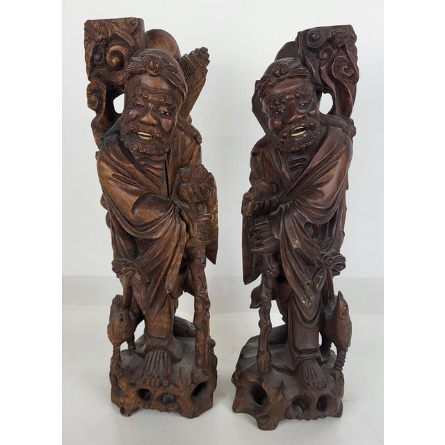 Brown Pair of Large Antique Chinese Li Tieguai Carved Wood Figures W. Glass Eyes For Sale - Image 8 of 14