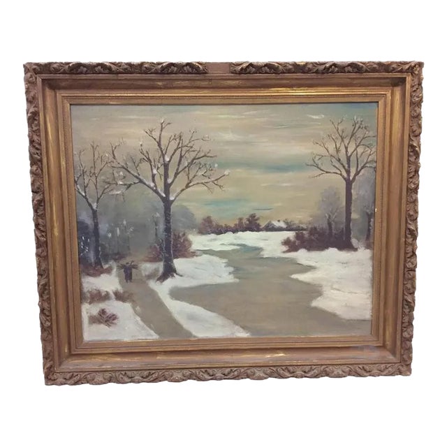 Antique Oil Painting - Winter Scene For Sale