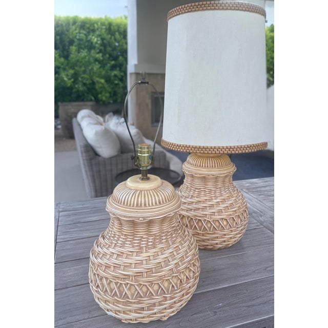 1970's Spanish Ceramic Trompe-l'Oeil Wicker Table Lamps With Matching Shades, a Pair For Sale In Palm Springs - Image 6 of 16