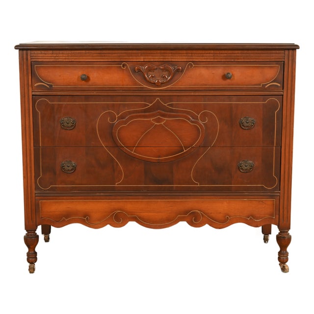 Berkey & Gay Style Antique Art Deco Carved Walnut Three-Drawer Dresser or Chest of Drawers, Circa 1930s For Sale