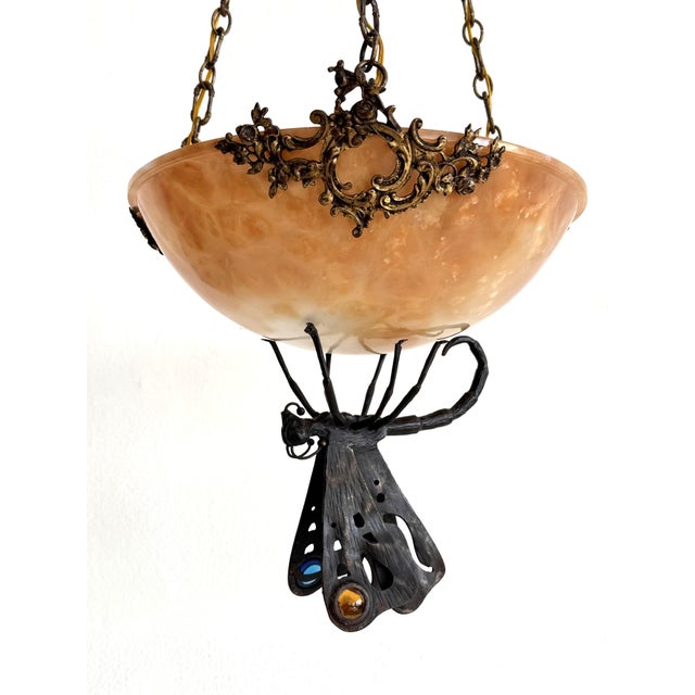 Italian Art Deco Alabaster Hanging Light with Wrough Iron Dagonfly and Chain, 1920s For Sale - Image 18 of 18