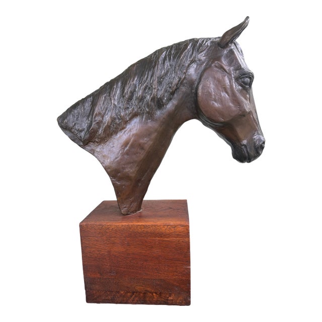 1970s Mid-Century Modern Cast Metal Horse Head Sculpture on Walnut Base, Bronze Finish For Sale