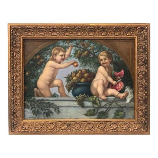 Vintage Neoclassical Oil Painting of Cherubs or Putti and Fruit 1941 For Sale