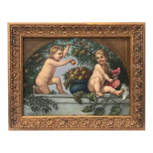 Vintage Neoclassical Oil Painting of Cherubs or Putti and Fruit 1941