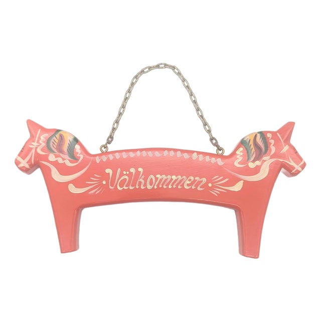 Swedish Folk Art: Handcrafted Dala Horse Welcome Sign For Sale