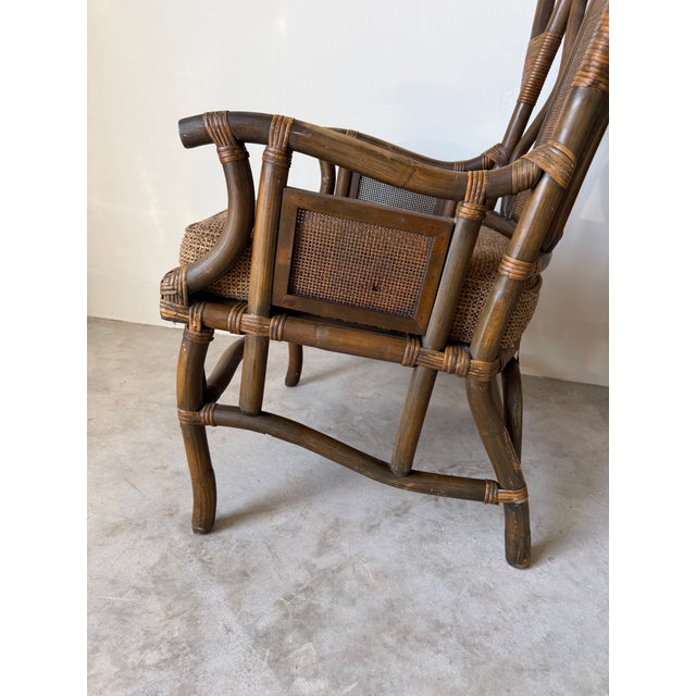 Vintage Bent Rattan & Wicker High Back Chippendale Style Arm Chairs - A Pair For Sale - Image 15 of 18