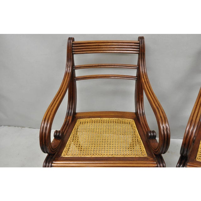 Wood Vintage English Regency Style Cane Seat Mahogany Saber Leg Arm Chairs - A Pair For Sale - Image 7 of 18