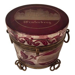 Antique Bohemian Crystal Souvenir Box With Etched Views For Sale