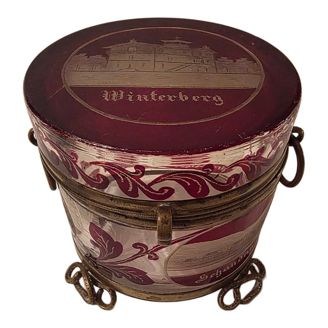 Antique Bohemian Crystal Souvenir Box With Etched Views For Sale