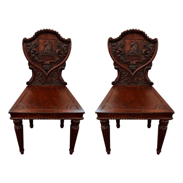 Exceptional Pair English William IV Mahogany Hall Chairs 1830 For Sale
