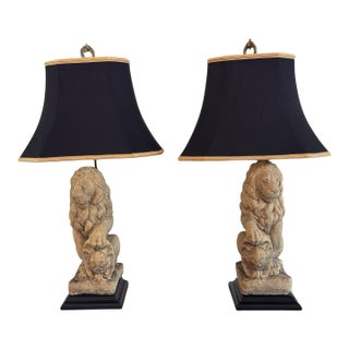 1950s Pair of Stone Lion Table Lamps For Sale