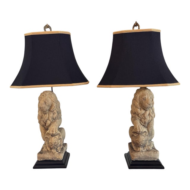 1950s Pair of Stone Lion Table Lamps For Sale