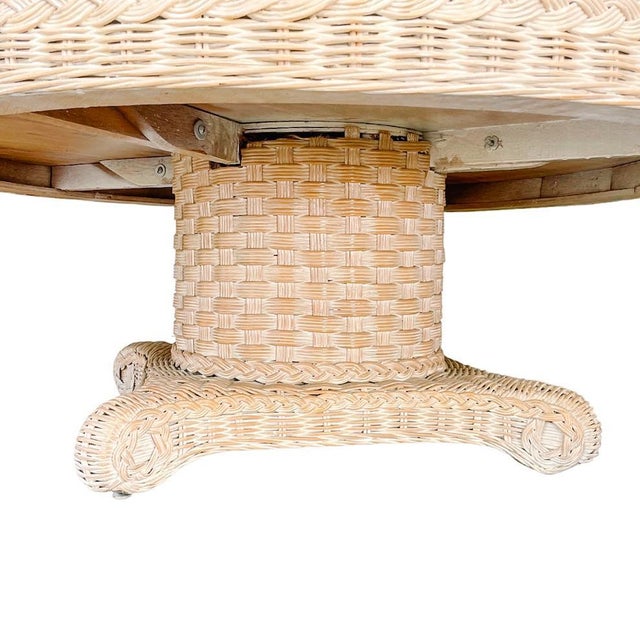 1980s Large 1980s Coastal Round Woven Rattan Wicker Coffee Table With Glass Top For Sale - Image 5 of 5
