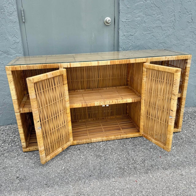 Brown Boho Chic Wicker Wrapped Credenza With Glass Top For Sale - Image 8 of 8