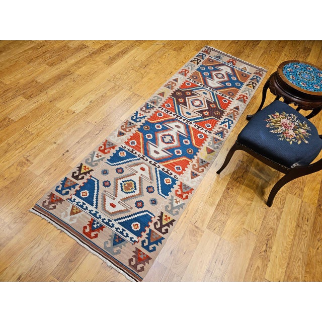 Turkish Vintage Turkish Tribal Kilim Runner, Handwoven Wool, Geometric Caucasian Pattern, Blue & Red, 3x8 For Sale - Image 3 of 17