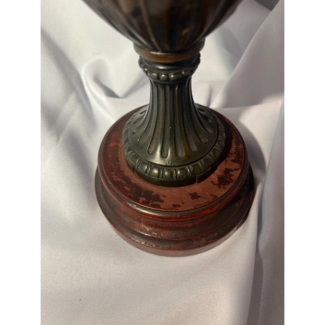 Wood Antique Dark Patinated Brass Decorative Urn With Wood Base For Sale - Image 7 of 11