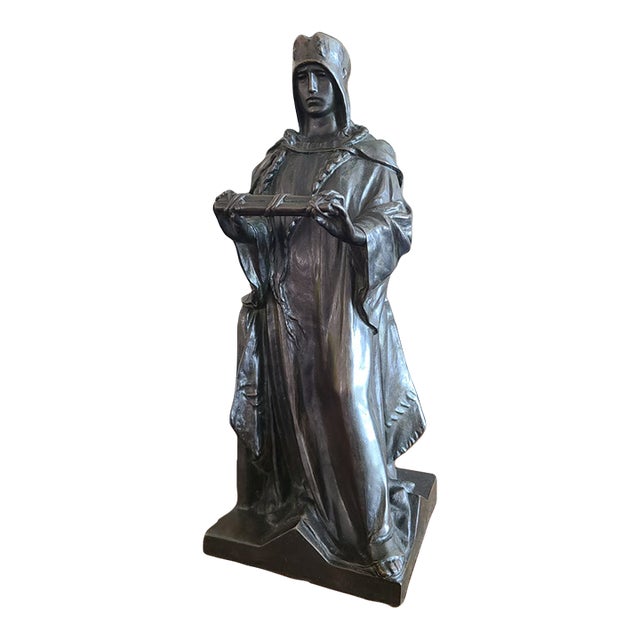 Antique 19th Century Bronze Statue Sculpture Medieval Figure Holding Scrolls For Sale