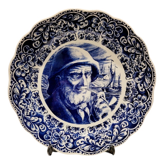 Large Handpainted Delft Blue Wall Plate by Boch, 1950s For Sale