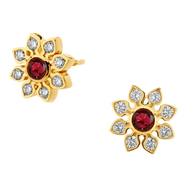 Syna Yellow Gold Ruby and Diamond Earrings, a Pair For Sale