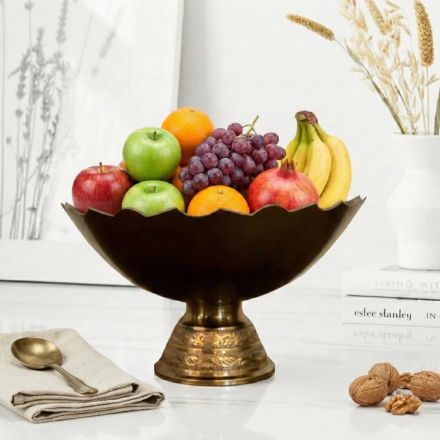 Indian Vintage Handmade Etched 9 In. Round Brass Bowl | Decorative Coffee Table Display Bowl | Indian Handicraft | Housewarming Anniversary Gift For Sale - Image 3 of 5