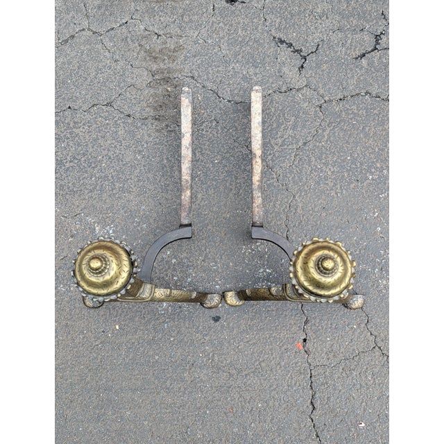 Traditional Vintage Federal Style Brass Fireplace Andirons For Sale - Image 3 of 7