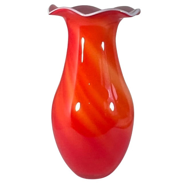 13 3/4 In. Tall Vintage Bulbous Scalloped Rim Cased White Orange Art Glass Vase For Sale - Image 9 of 15