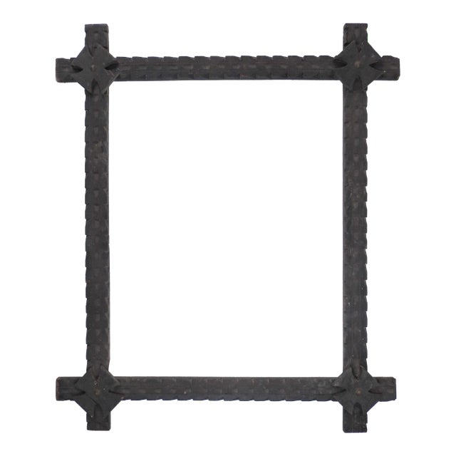 Antique Hand Carved Folk Tramp Art Wood Picture Frame For Sale
