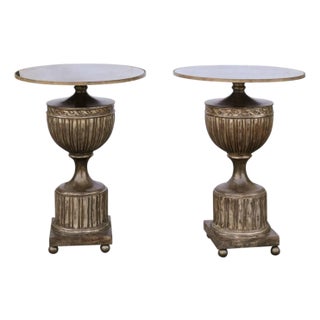Pair of Italian 1950s Urn Mirrored Top Side Tables with Burnished Silver Finish For Sale