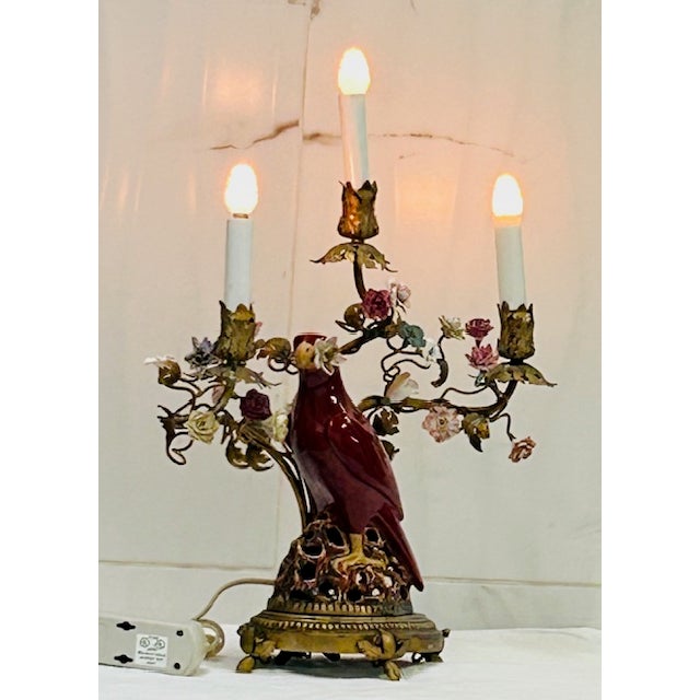 Early 19th Century A Large Pair of Chinoiserie Regency Exotic Opposing Heron Gilt-Bronze-Mounted & Porcelain Parrot Candelabra For Sale - Image 4 of 16