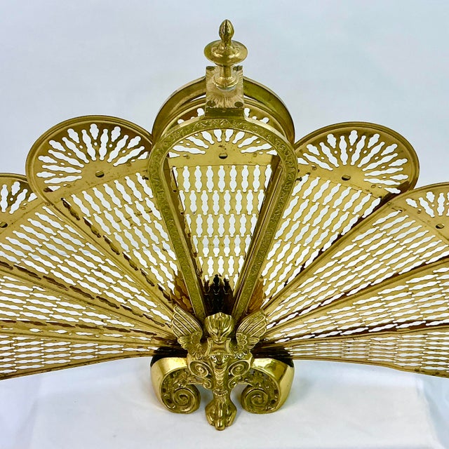 Metal 1920s Antique French Edwardian Brass Gargoyle Peacock Fireplace Screen For Sale - Image 7 of 18