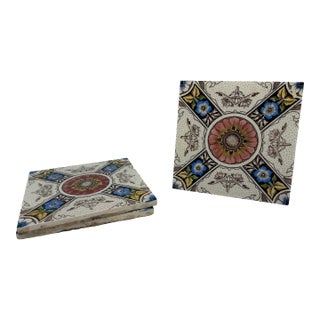 Antique English Glazed Ceramic Tiles With Florals, Polychrome Transfer Decoration, Set of 3 For Sale