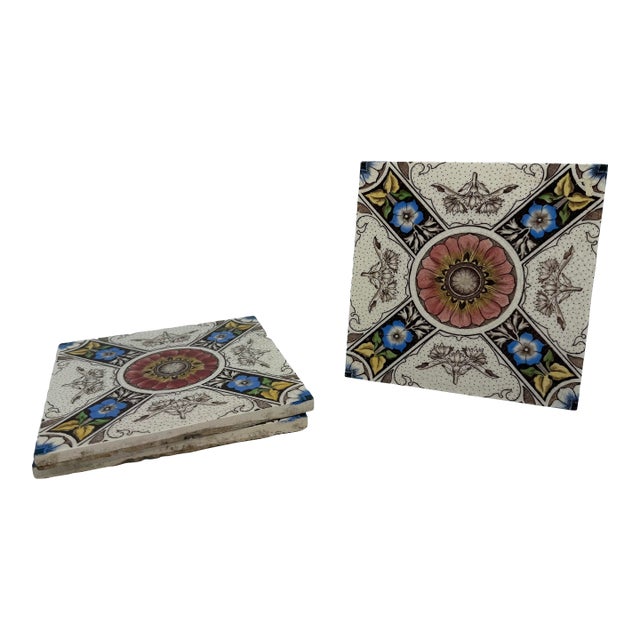 Antique English Glazed Ceramic Tiles With Florals, Polychrome Transfer Decoration, Set of 3 For Sale