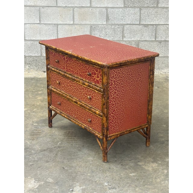 English Vintage British Colonial Chest in Faux Tortoise Shell and Faux Bamboo With Crackle Finish For Sale - Image 3 of 12