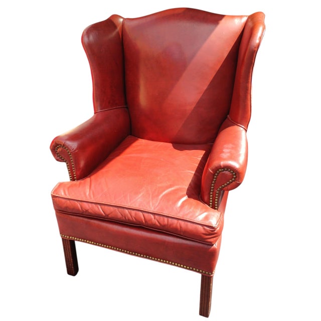 Chippendale Experience the Pinnacle of American Craftsmanship With This Rare Cognac Leather Wingback Chair by Old Hickory Tanery For Sale - Image 3 of 7